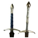 TWO THEATRICAL TWO HANDED MEDIEVAL STEEL SWORDS. 101cm Condition good