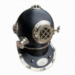 A U.S. NAVY STYLE CHROME AND BLACK PATINATED DIVING HELMET. (h 45cm)