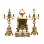 A French ormolu and veined marble clock garniture,