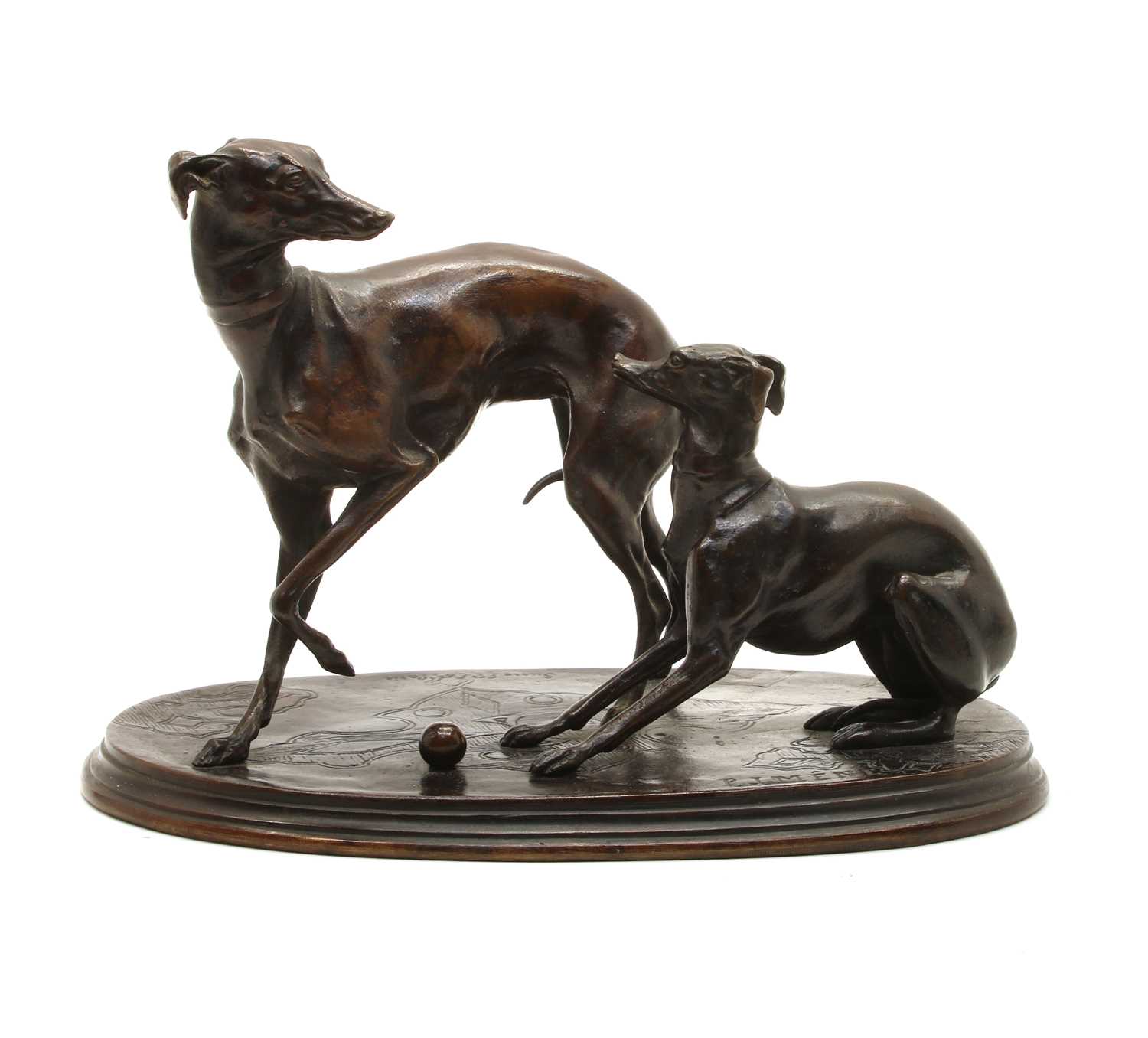 A bronze group of two whippets,