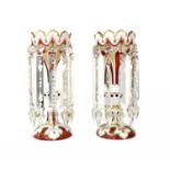 A pair of ruby and overlaid white glass table lustres