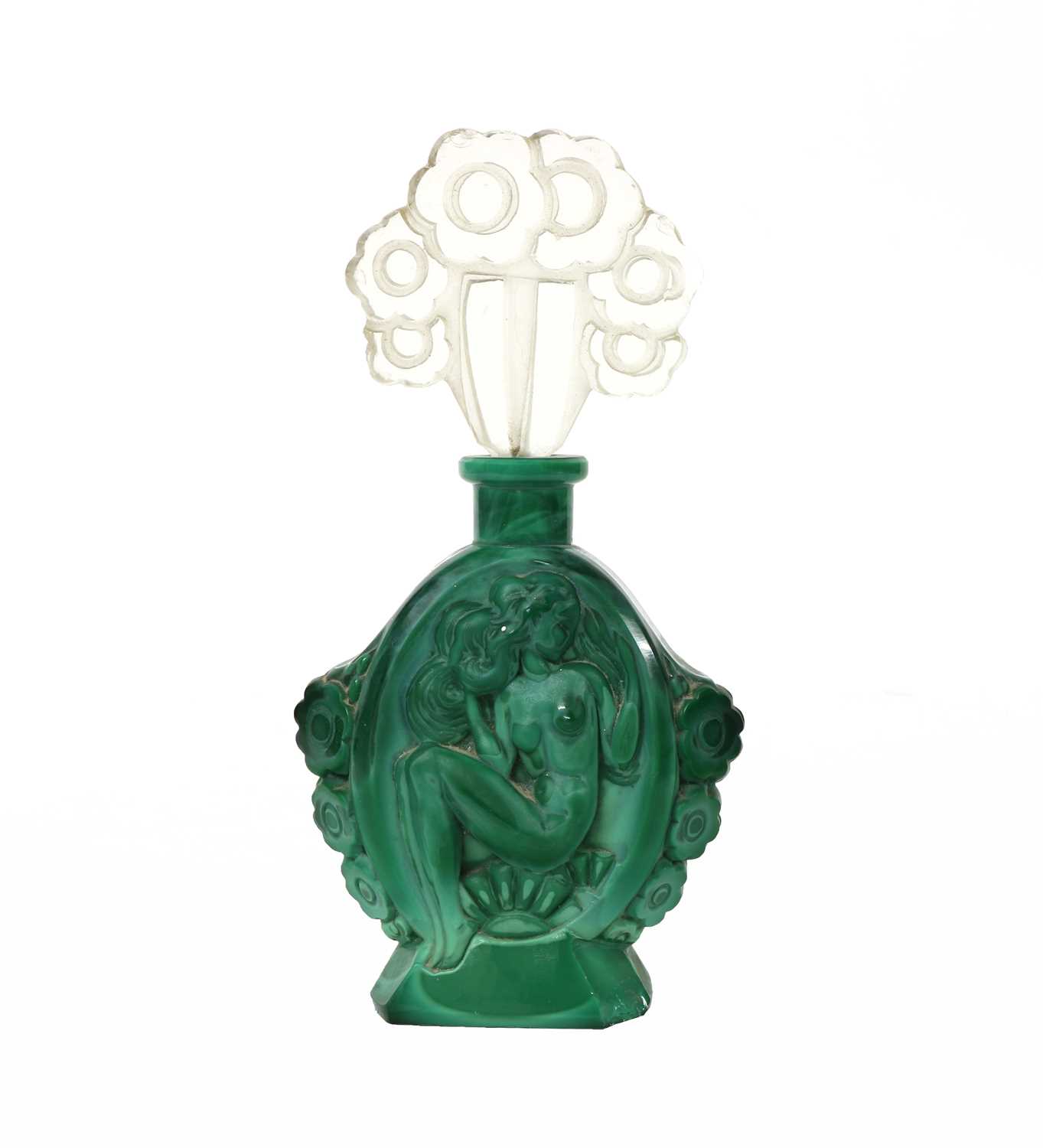 An Art Deco Schlevagt malachite glass scent bottle