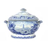 A blue and white potter semi-china tureen and cover