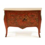 A Louis XV style japanned red serpentine commode,