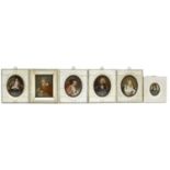 Six miniatures in ivory 'piano key' frames,
