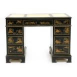 A black lacquer pedestal desk,