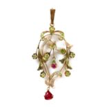 A Russian gold demantoid garnet and synthetic ruby pendant,