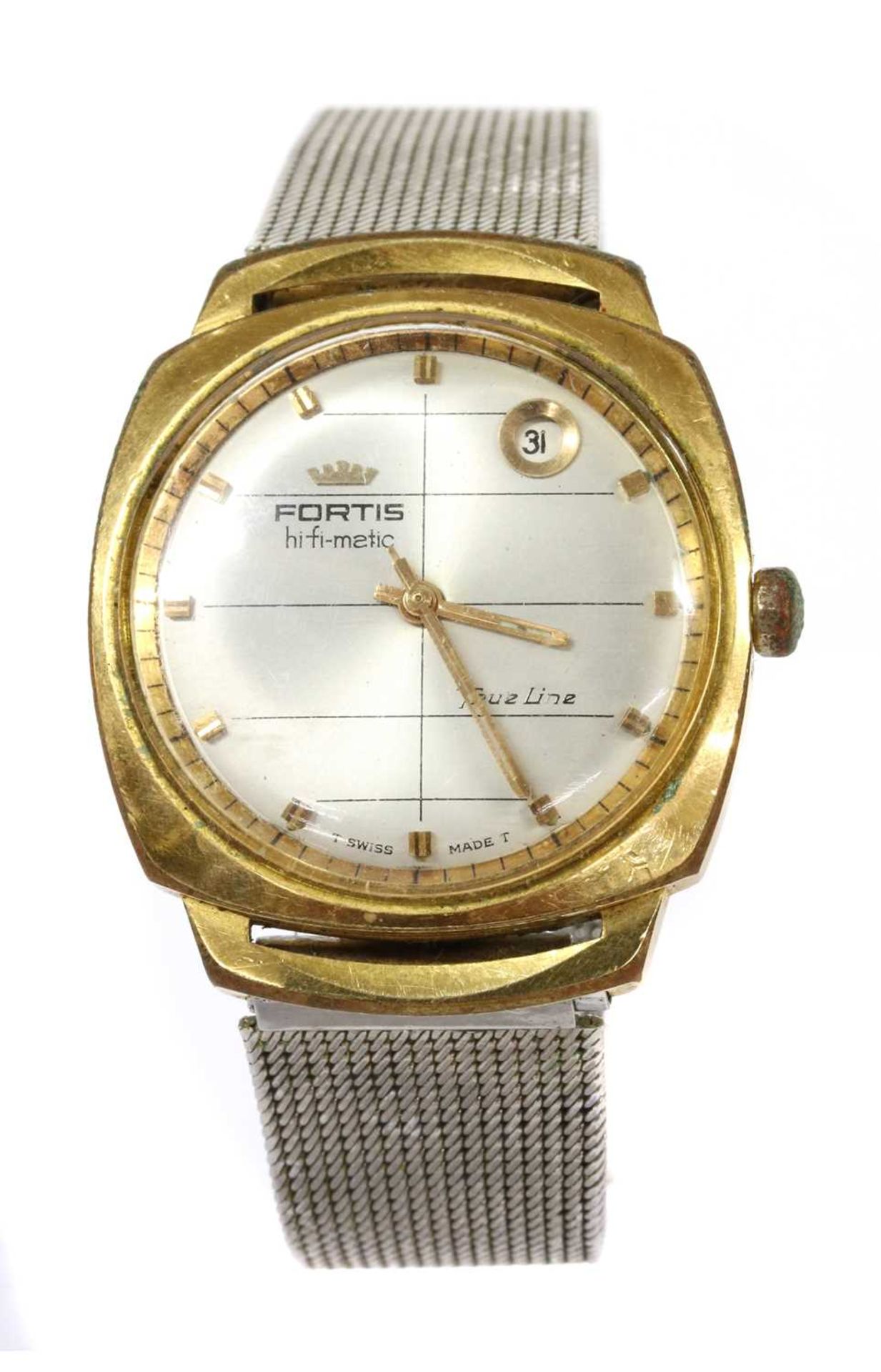 A gentlemen's gold-plated Fortis 'Hifi-Matic True Line' automatic bracelet watch,