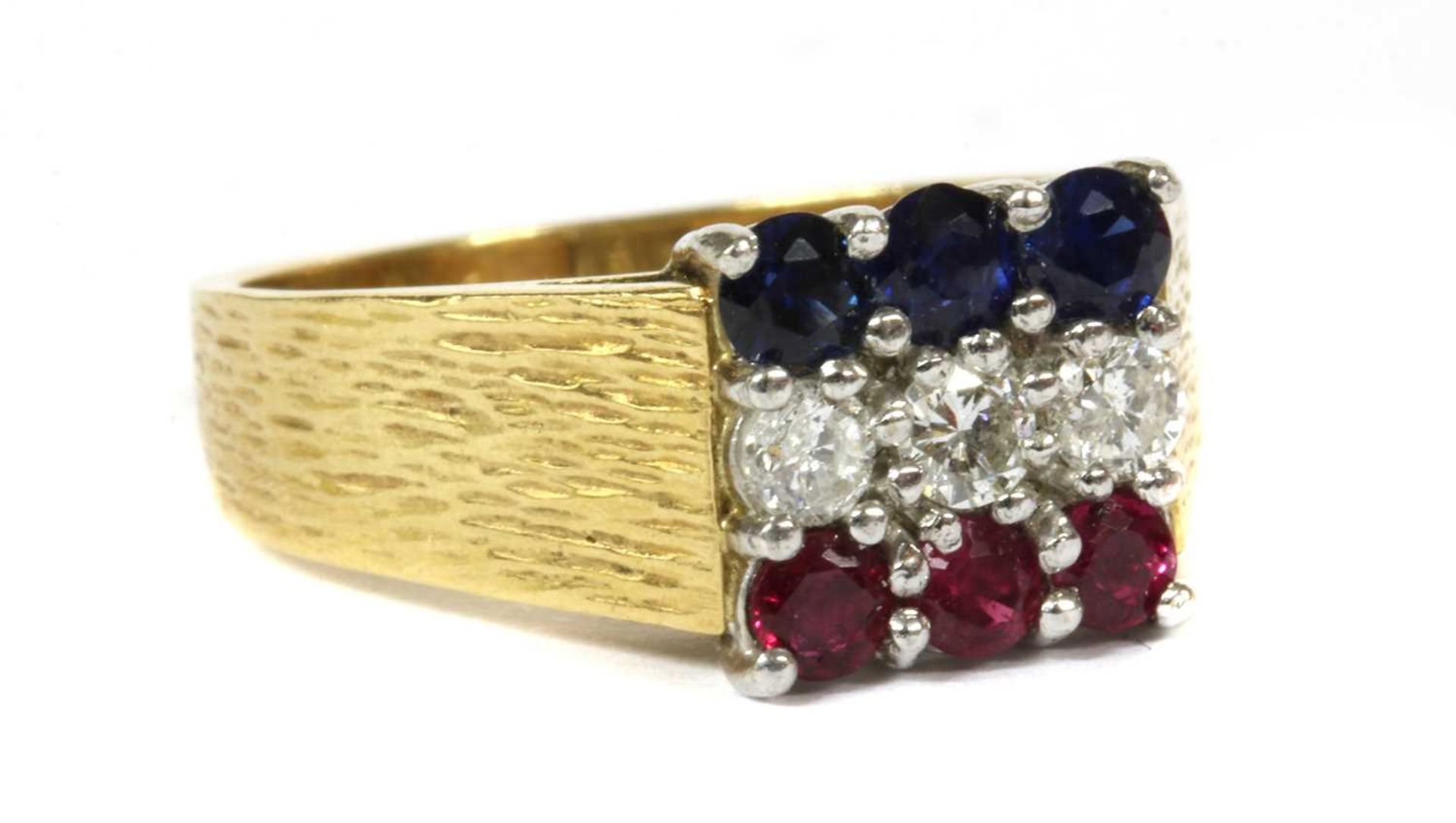 An 18ct gold ruby, diamond and sapphire ring, c.1980, - Image 3 of 4