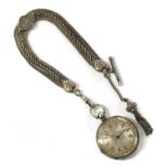 A silver key wound open-faced fob watch,