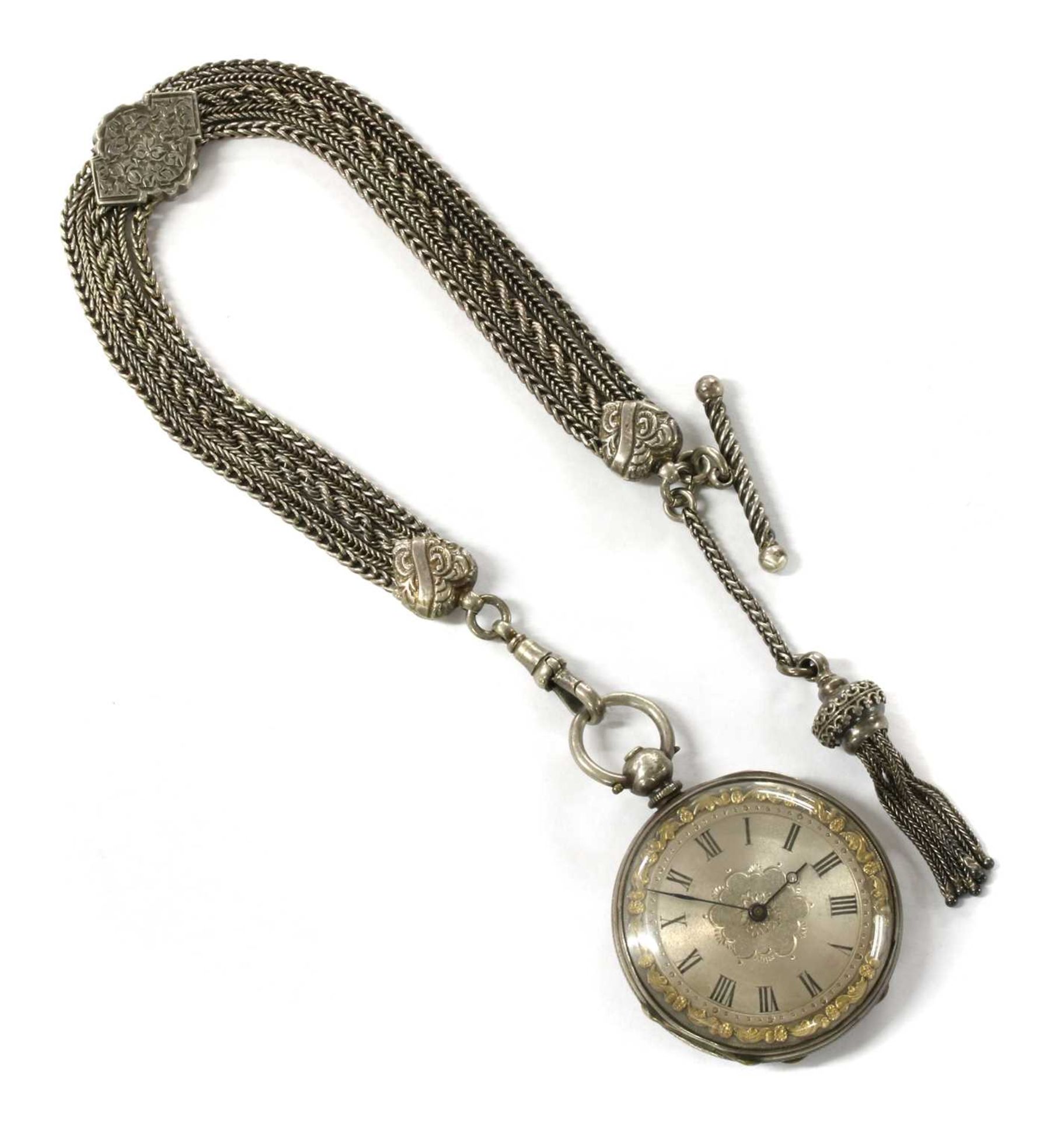 A silver key wound open-faced fob watch,