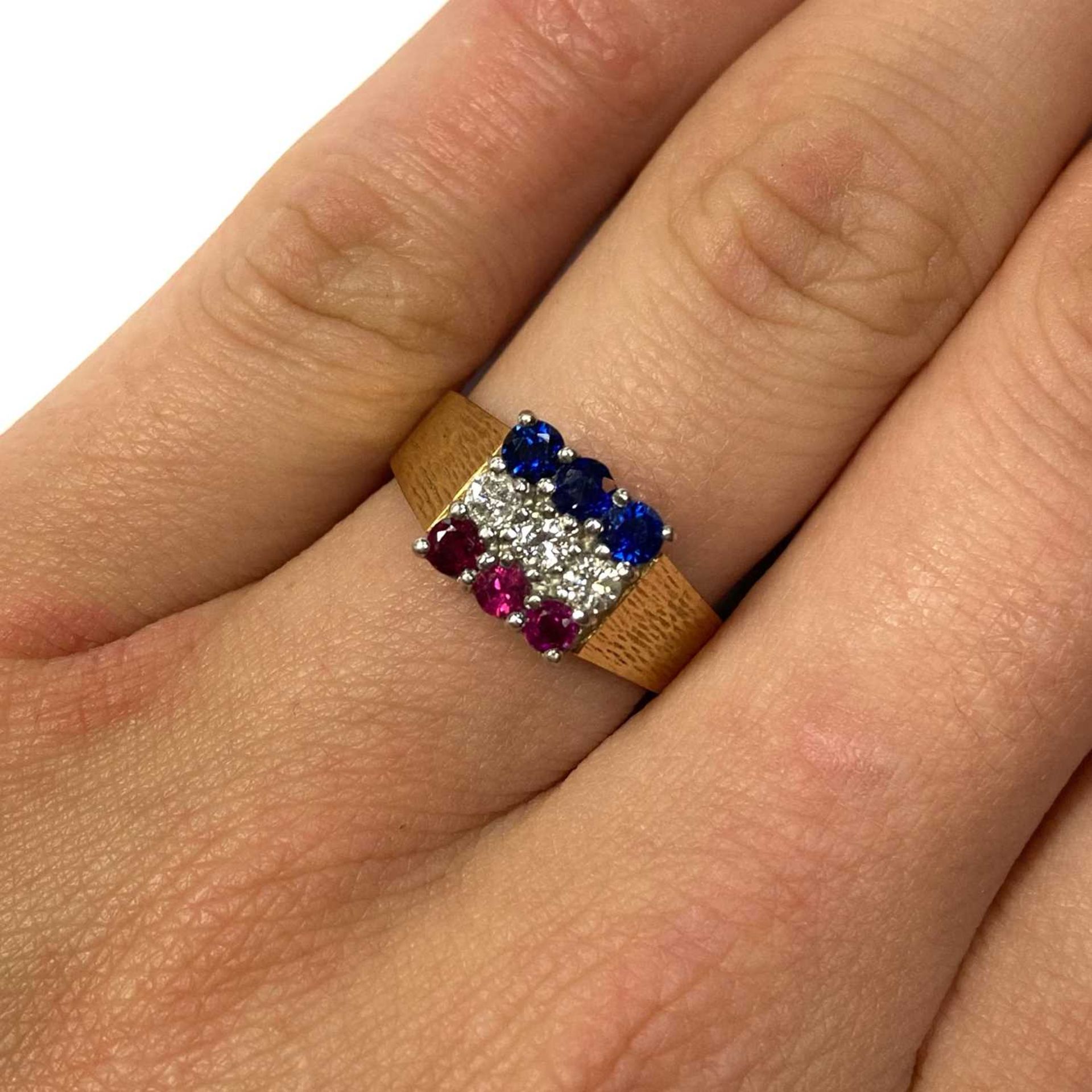 An 18ct gold ruby, diamond and sapphire ring, c.1980, - Image 4 of 4