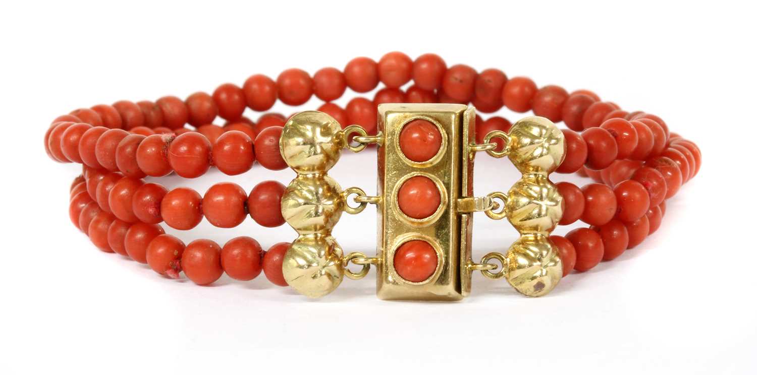 A three row uniform coral bead bracelet, - Image 2 of 2