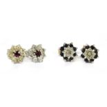 A pair of white gold ruby and diamond cluster earrings,