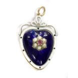 A gold and silver, ruby, split pearl, diamond and enamel heart pendant,