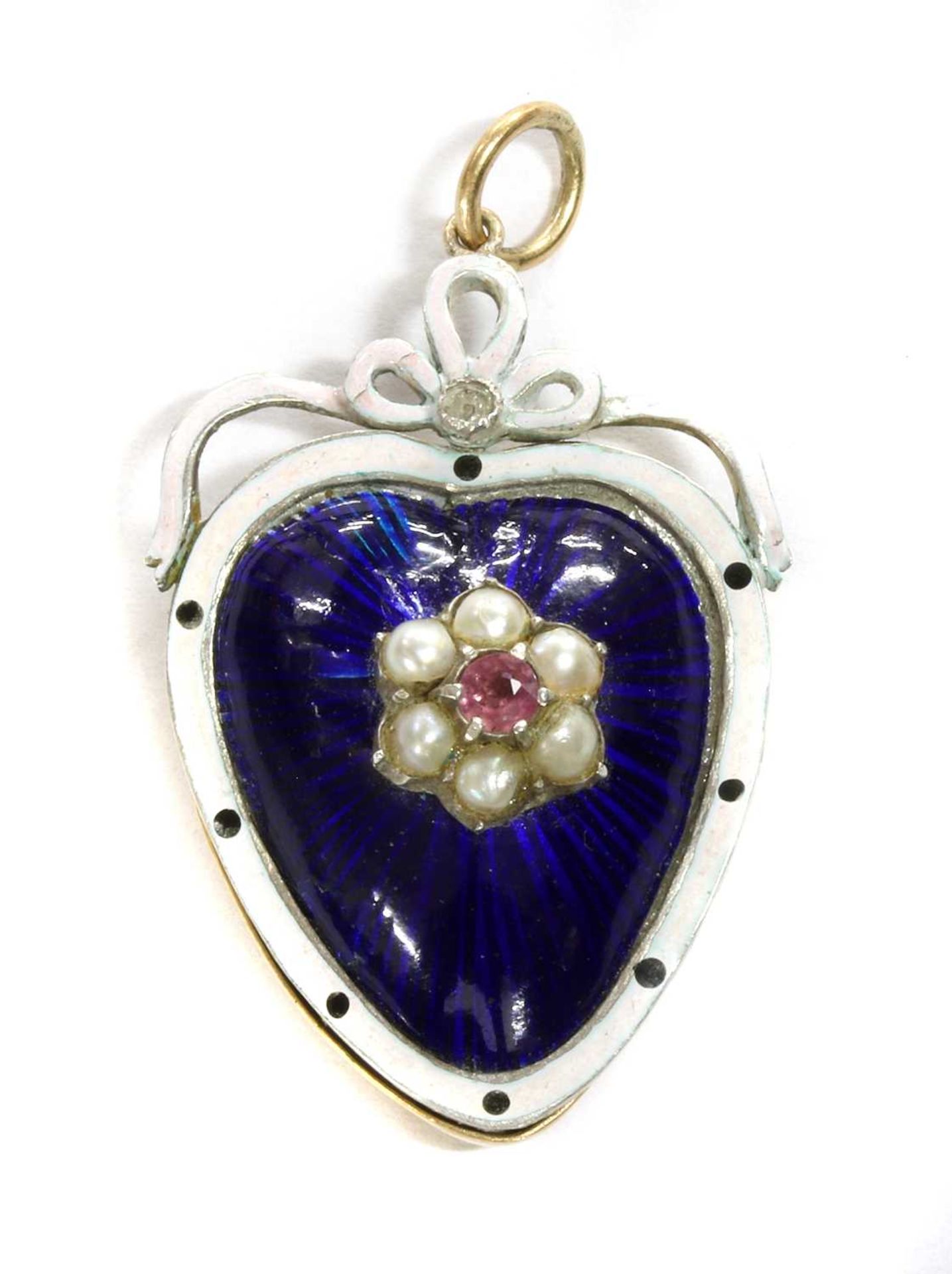 A gold and silver, ruby, split pearl, diamond and enamel heart pendant,