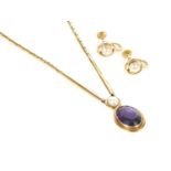 A 9ct gold amethyst and cultured freshwater pearl necklace and earrings suite,