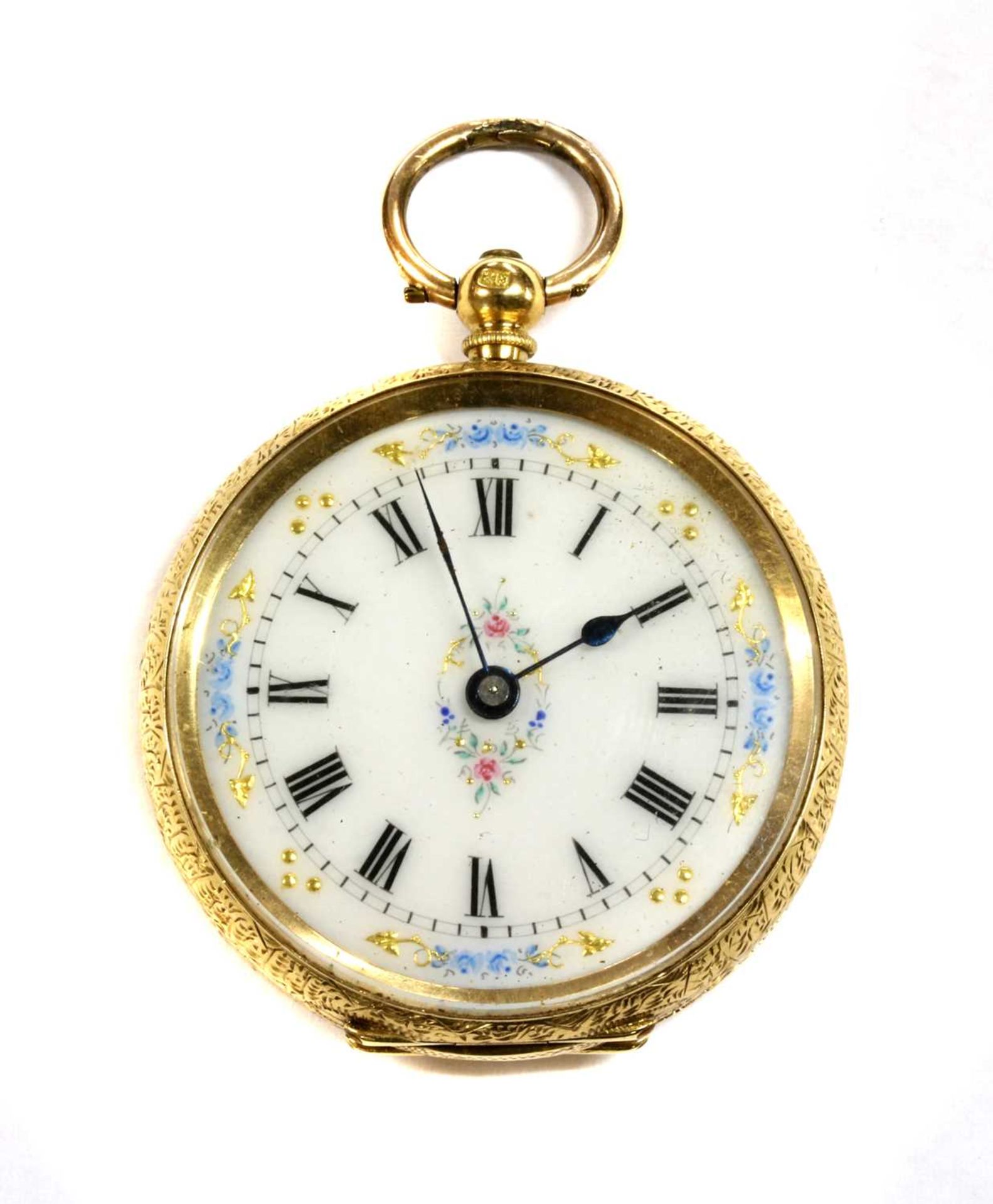 A gold key wound open-faced fob watch,