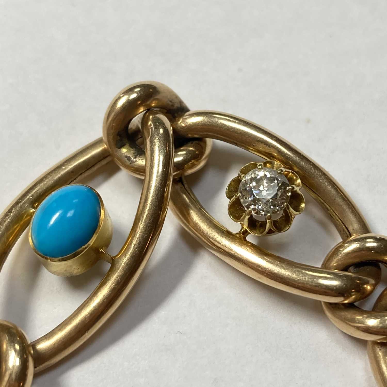 A Victorian gold turquoise and diamond graduated curb bracelet, - Image 4 of 4
