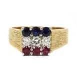 An 18ct gold ruby, diamond and sapphire ring, c.1980,