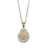 A white gold opal and diamond pear-shaped cluster pendant,