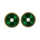 A pair of gold pearl and guilloché enamel earrings,