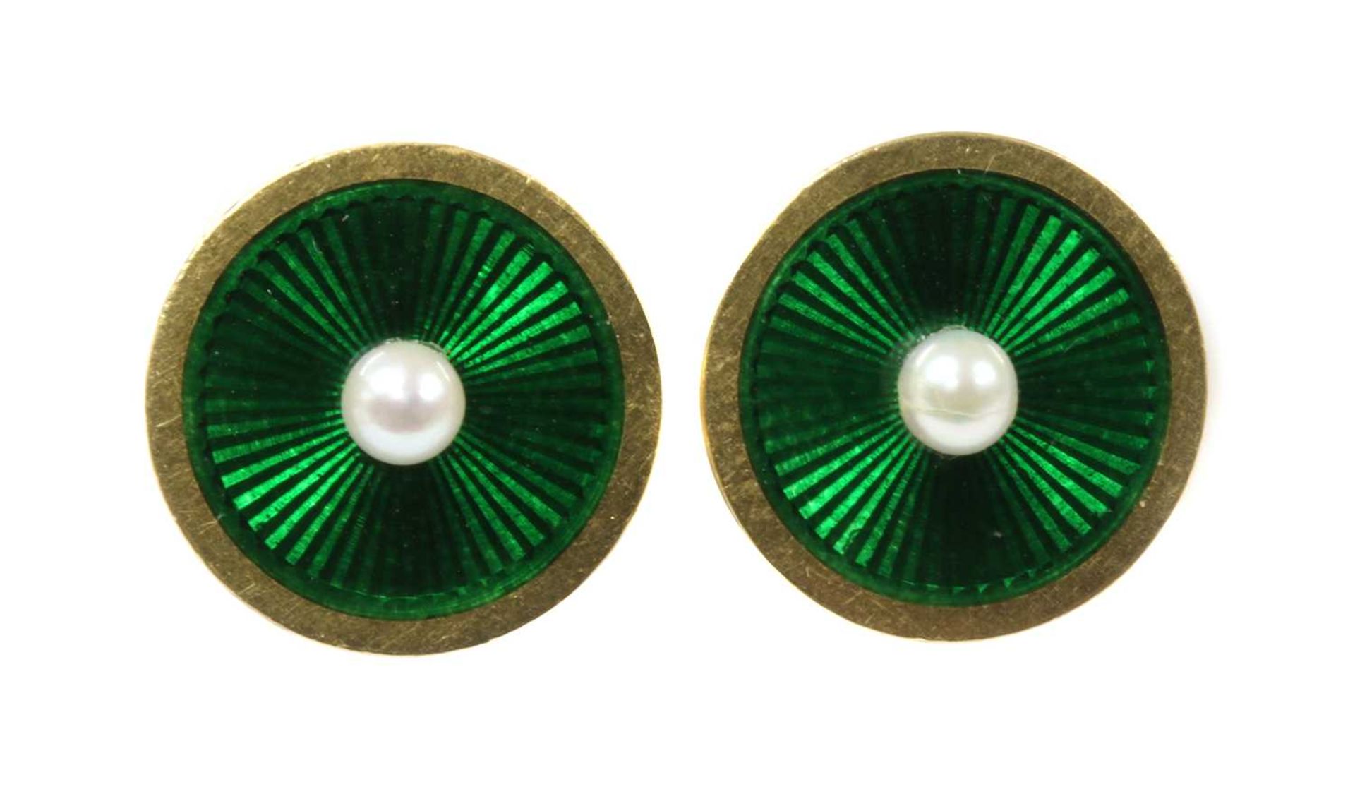 A pair of gold pearl and guilloché enamel earrings,