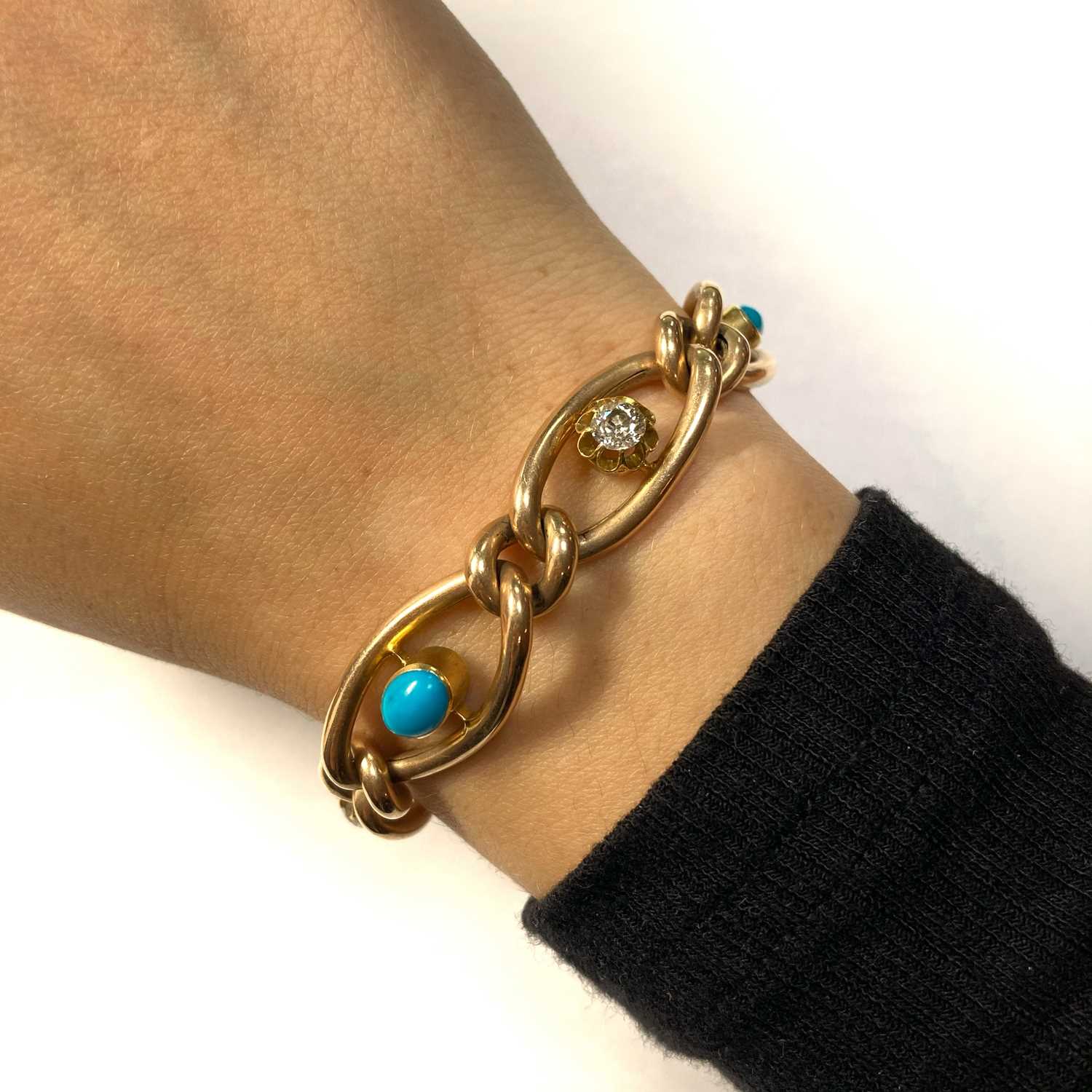 A Victorian gold turquoise and diamond graduated curb bracelet, - Image 2 of 4