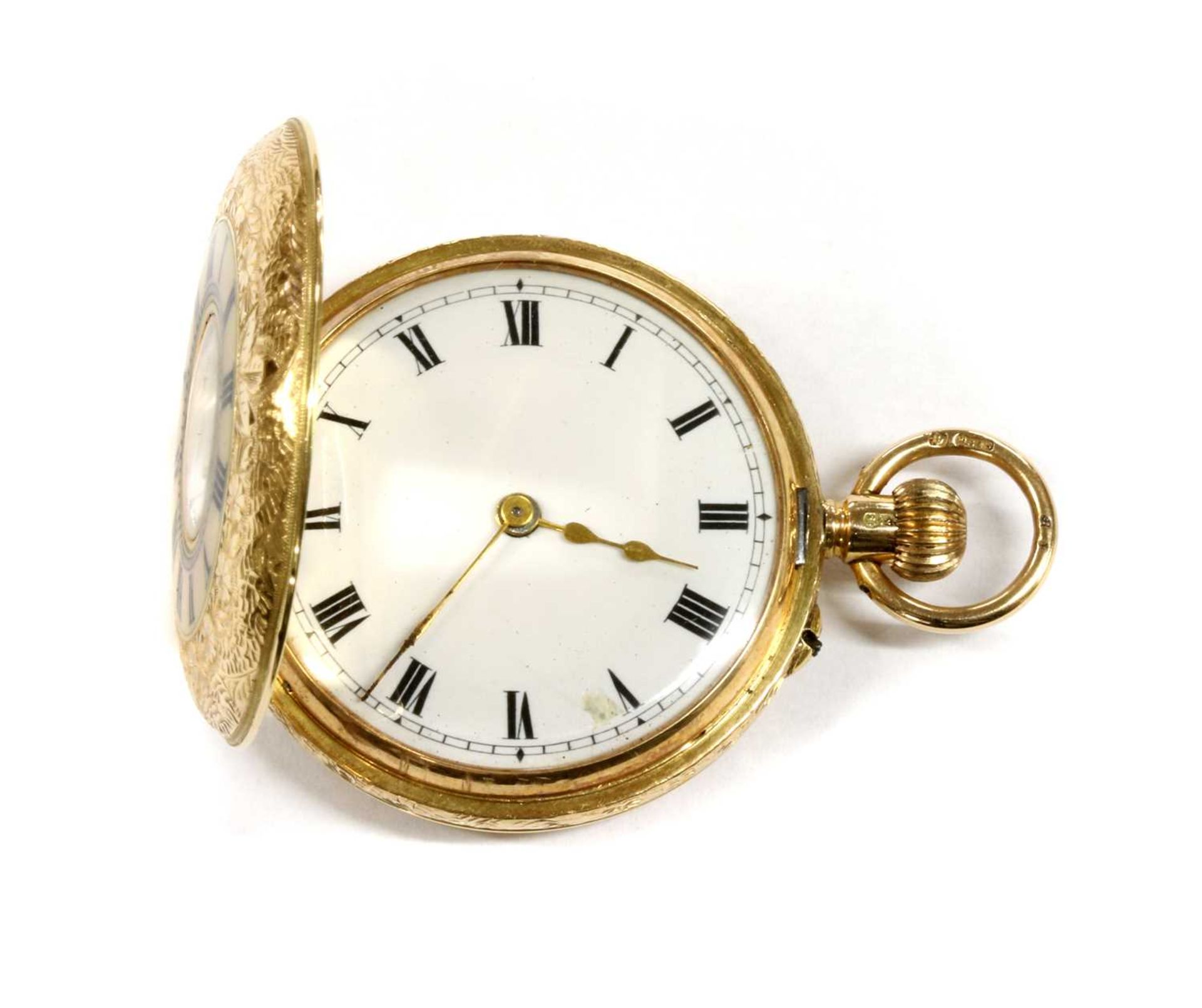 A 15ct gold enamel half hunter style pin set fob watch, - Image 2 of 4