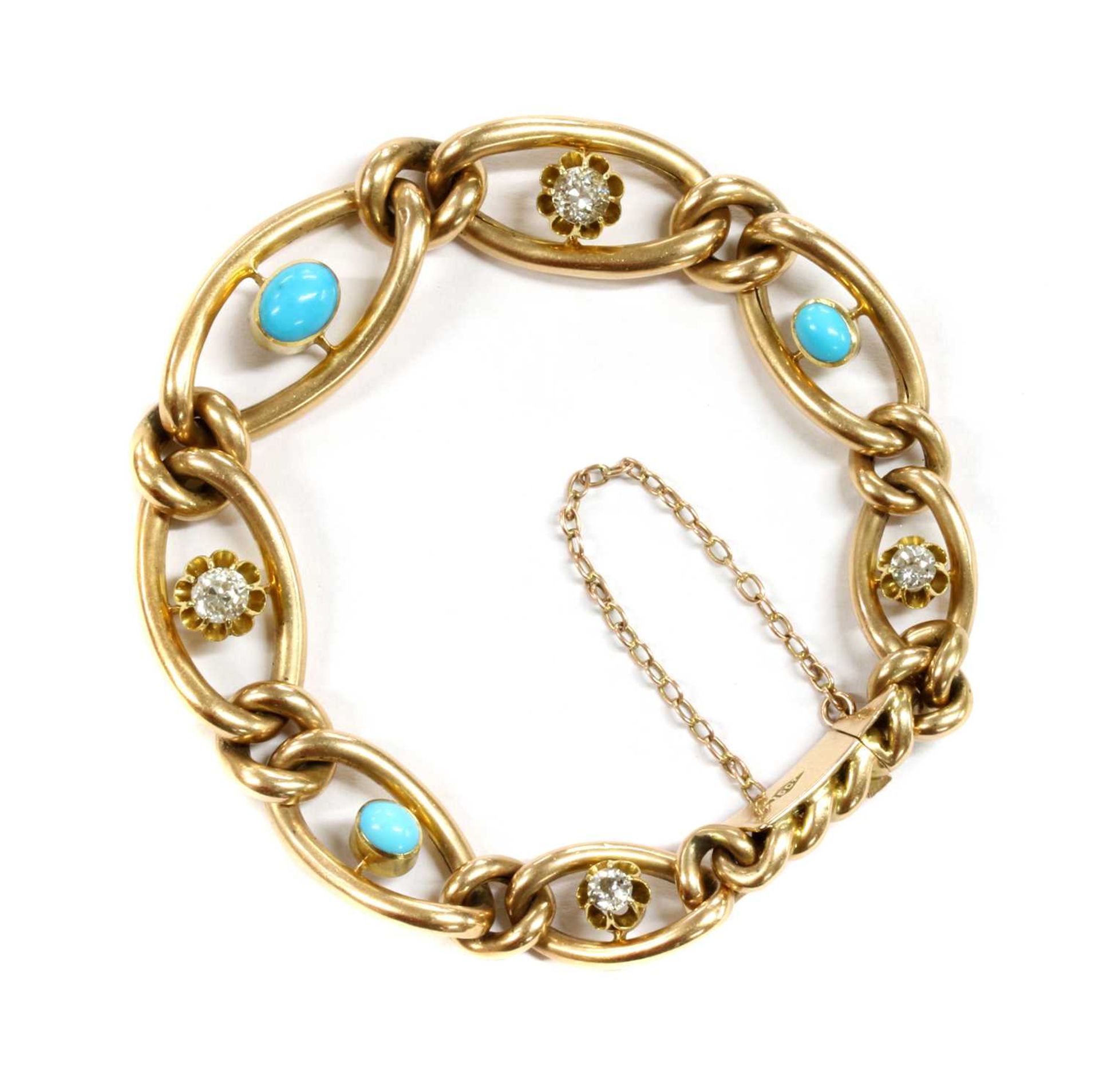 A Victorian gold turquoise and diamond graduated curb bracelet,