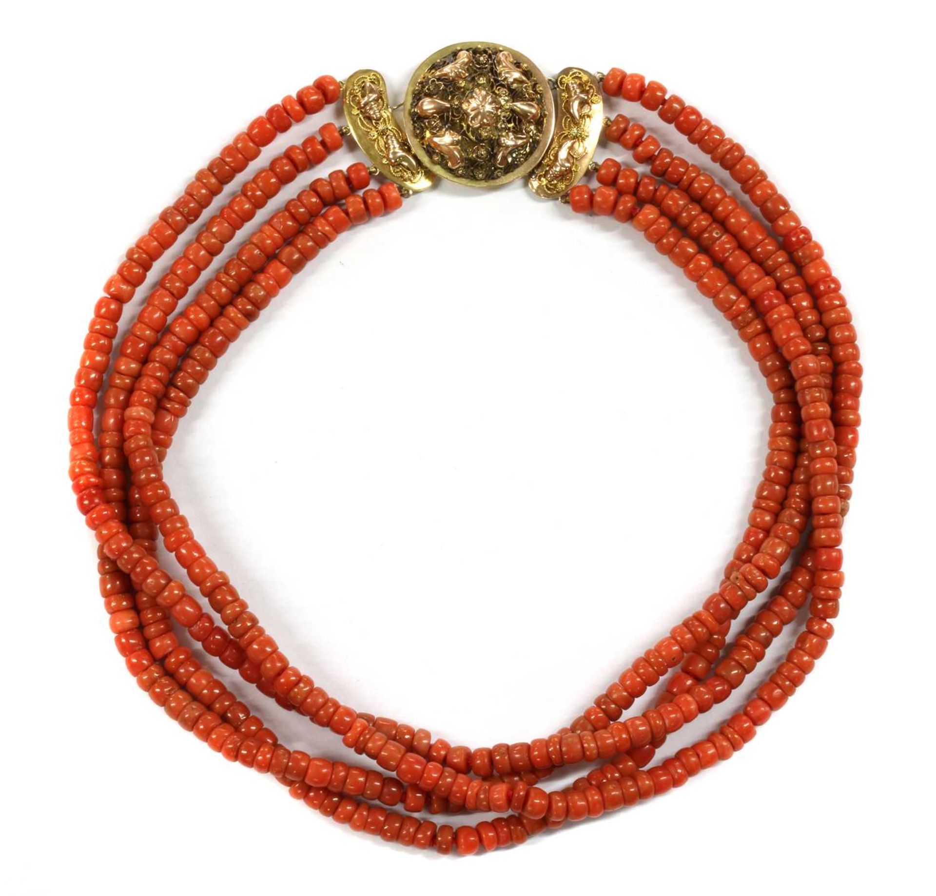 A Dutch four row uniform coral bead necklace,