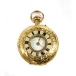 A 15ct gold enamel half hunter style pin set fob watch,