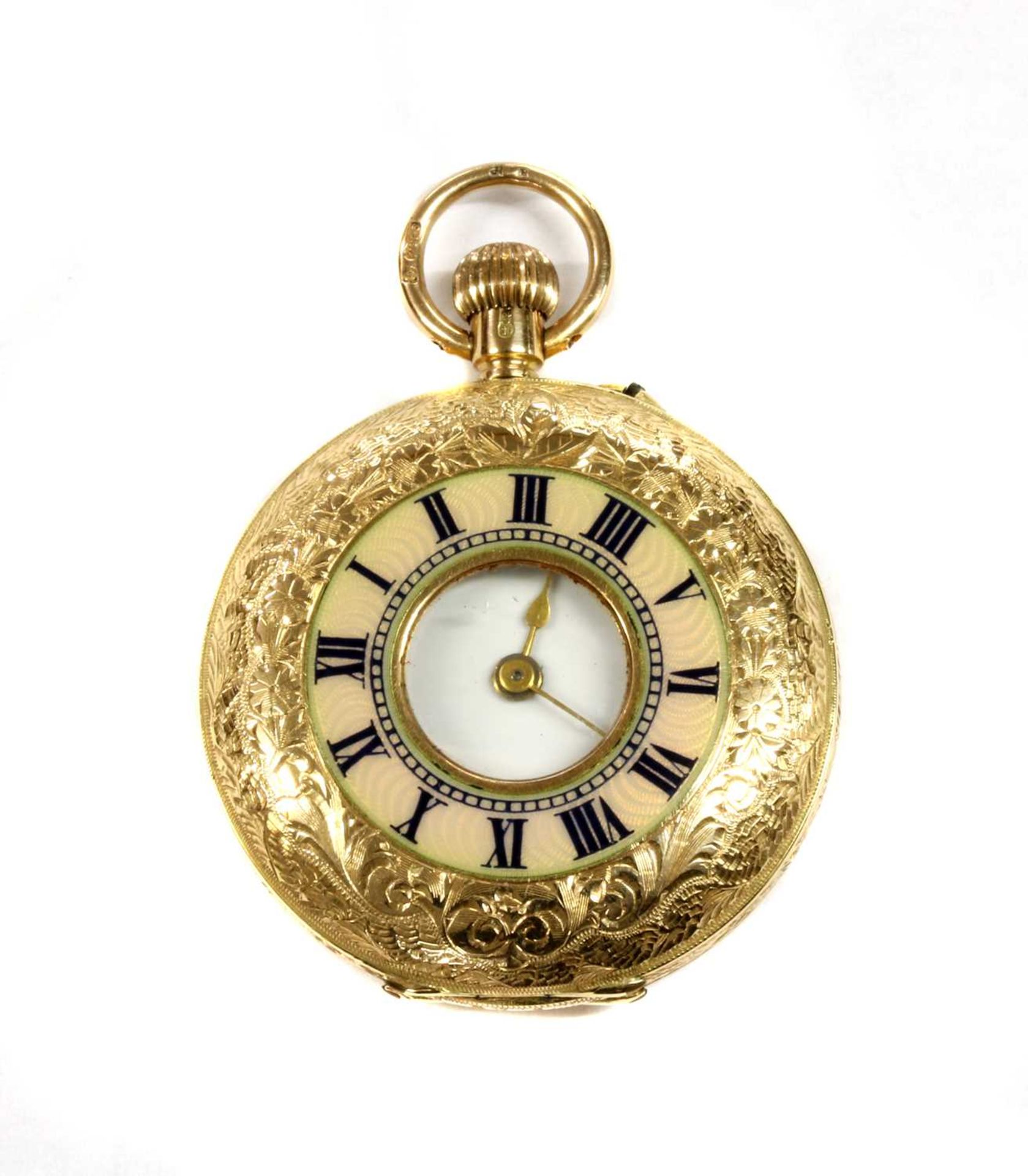 A 15ct gold enamel half hunter style pin set fob watch,