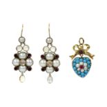 A pair of gold and silver, moonstone, split pearl and garnet earrings,