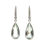 A pair of white gold green beryl and diamond drop earrings,