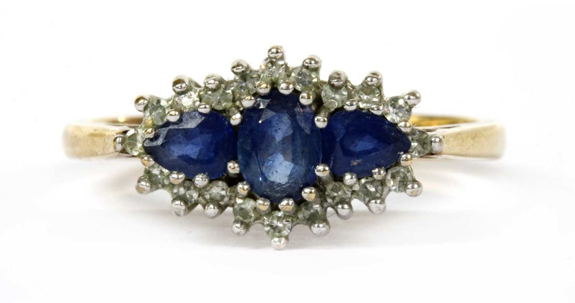 A 9ct gold sapphire and diamond three stone cluster ring,