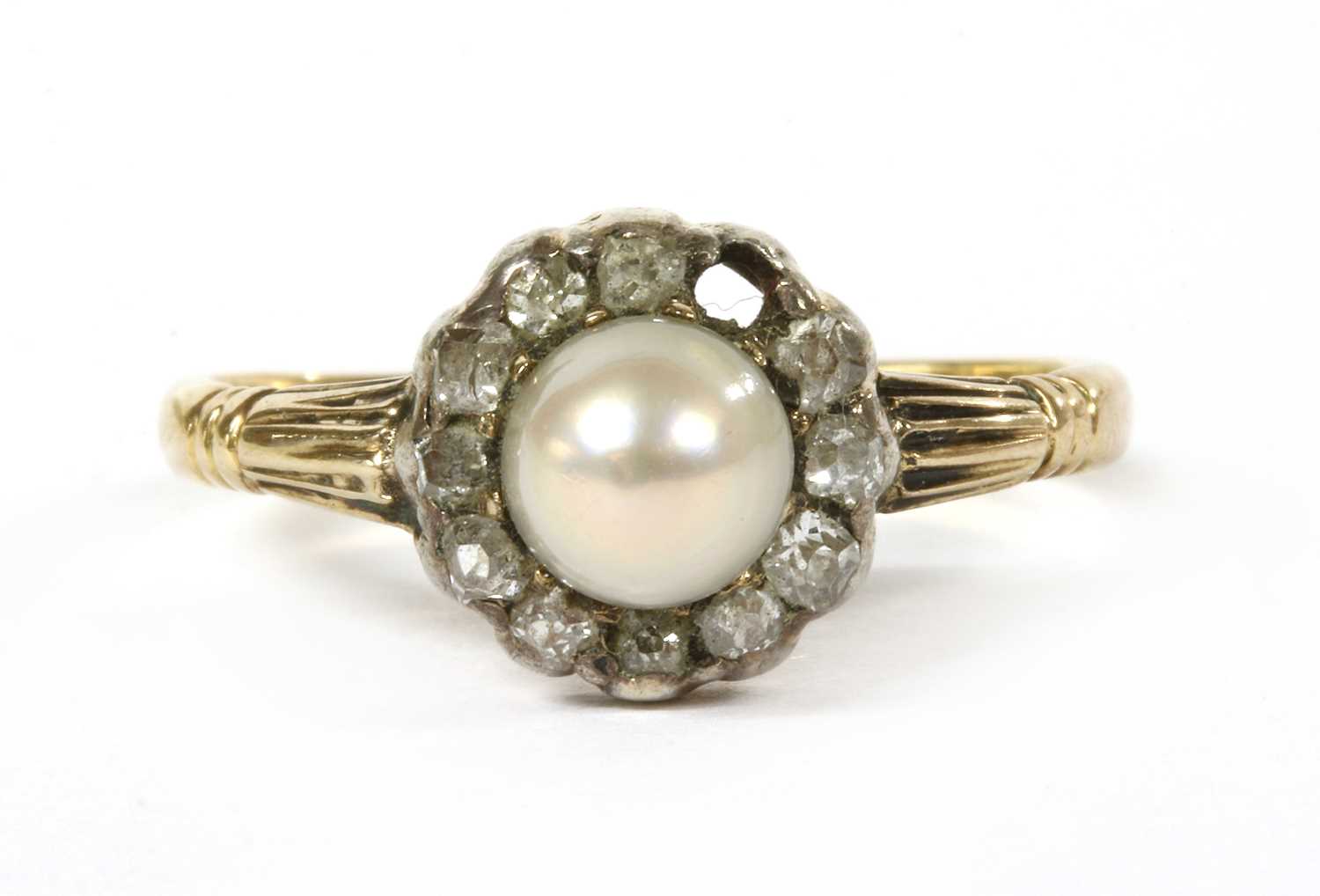 A gold pearl and diamond cluster ring,