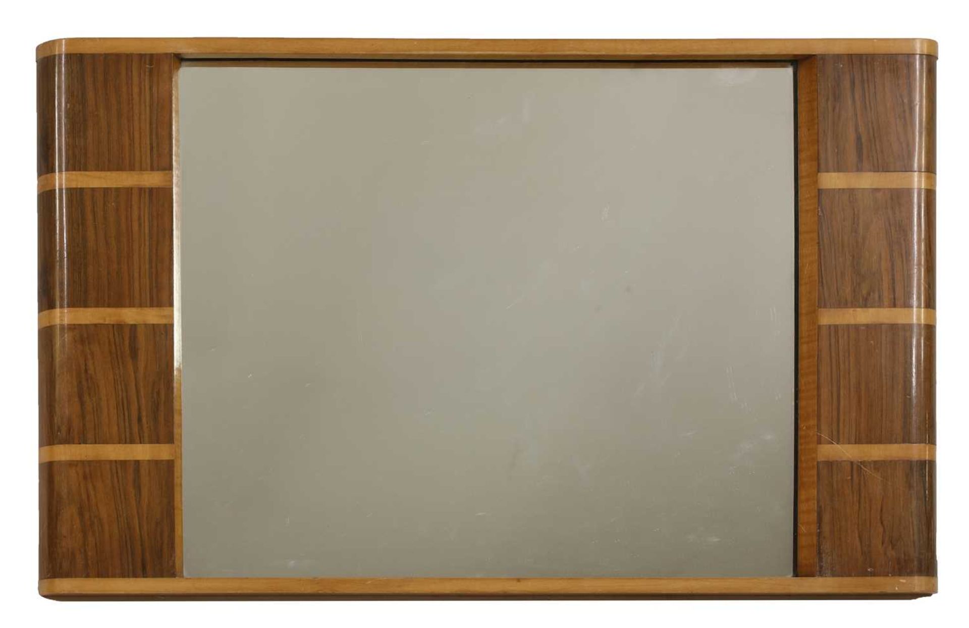 An Art Deco maple and walnut wall mirror,