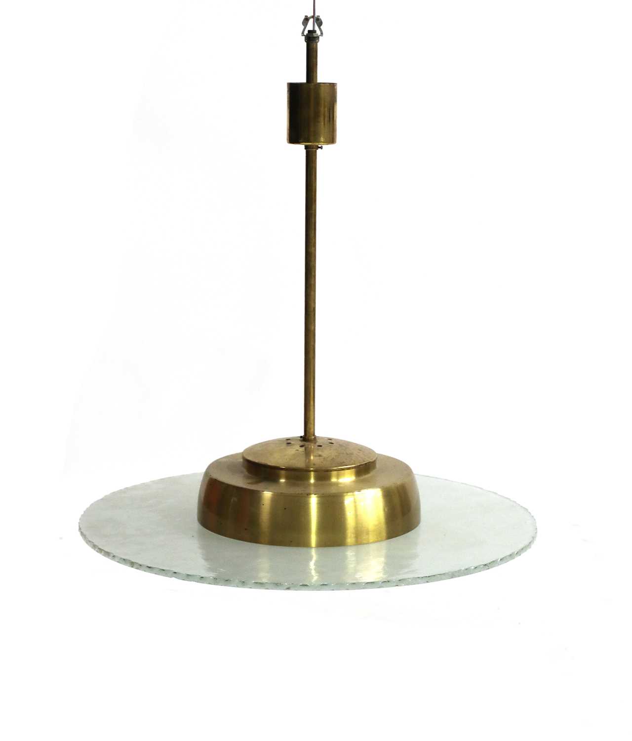 A Swedish modernist cut-glass disk and brass ceiling lamp,