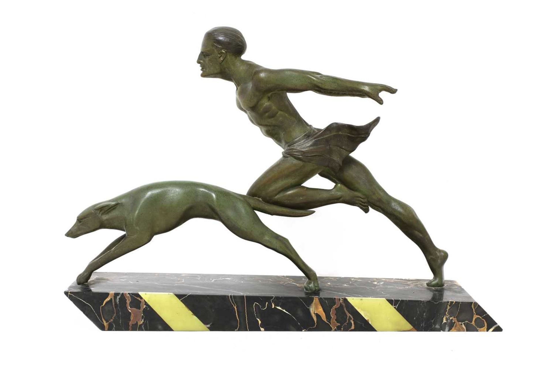 An Art Deco spelter and marble centrepiece,