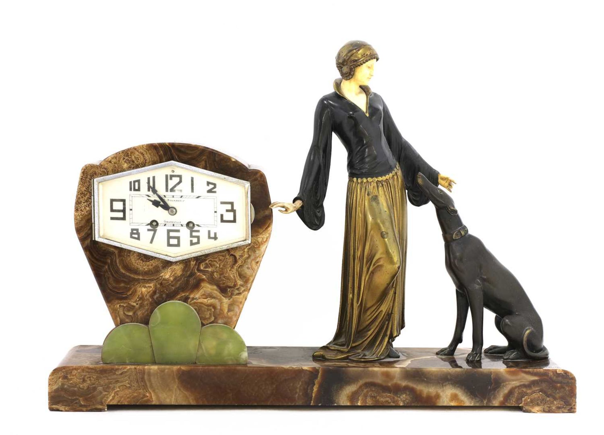 An Art Deco bronze and marble mounted mantel clock,