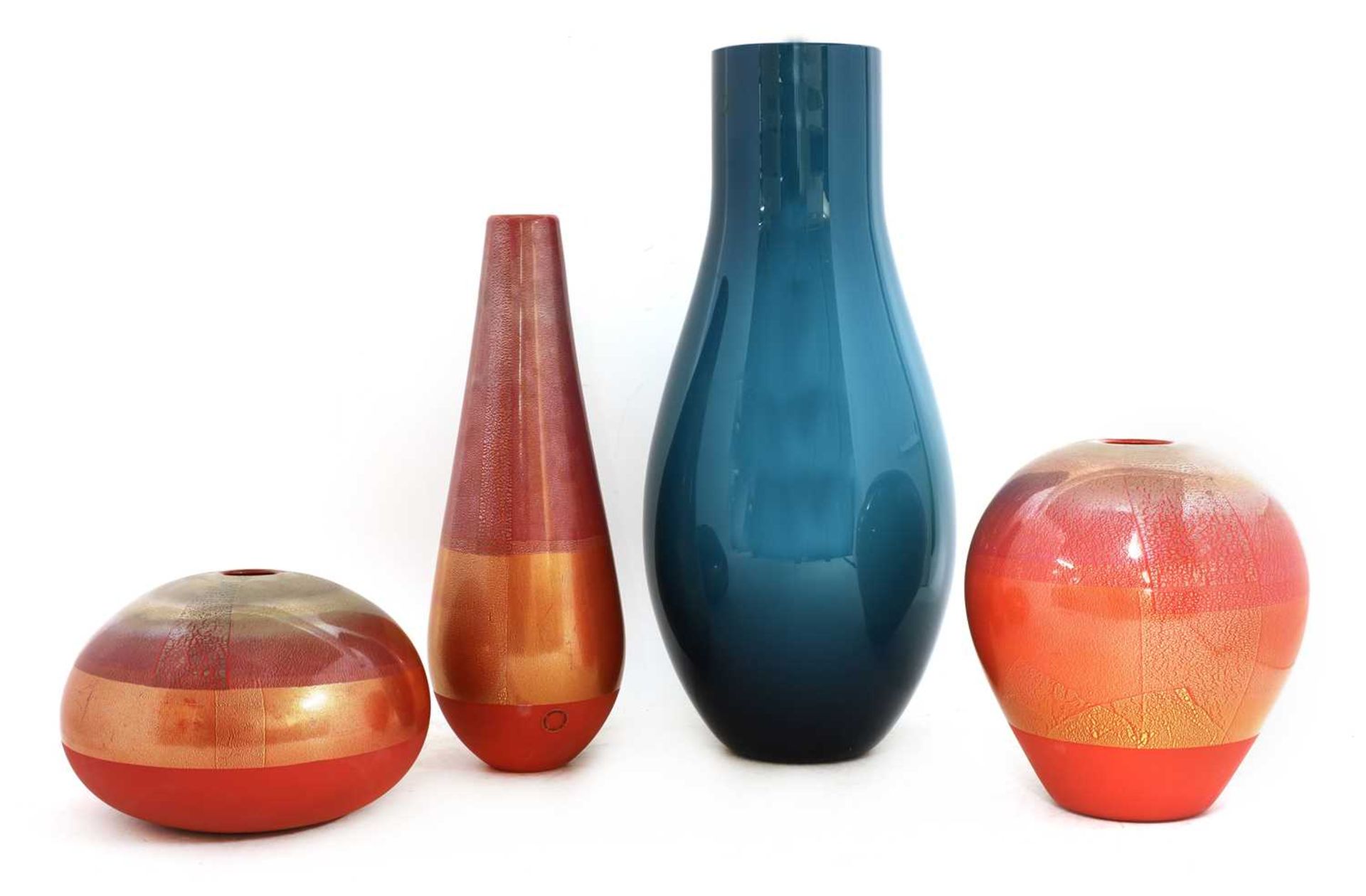 Three Venini red glass vases,
