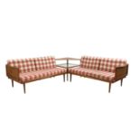 A pair of Danish teak and rattan corner settees,