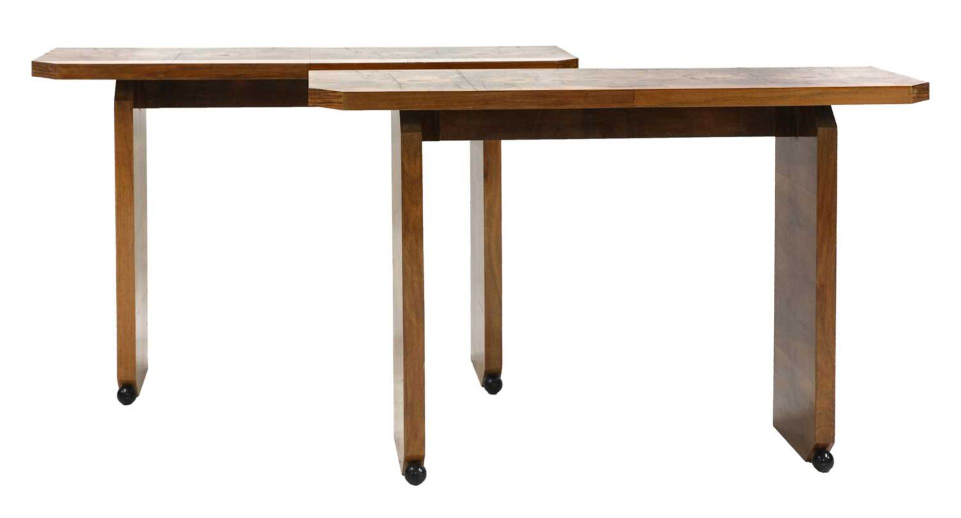 A pair of Art Deco burr walnut-style console tables, - Image 2 of 4