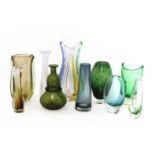 A collection of ten Scandinavian and Murano glass vases,
