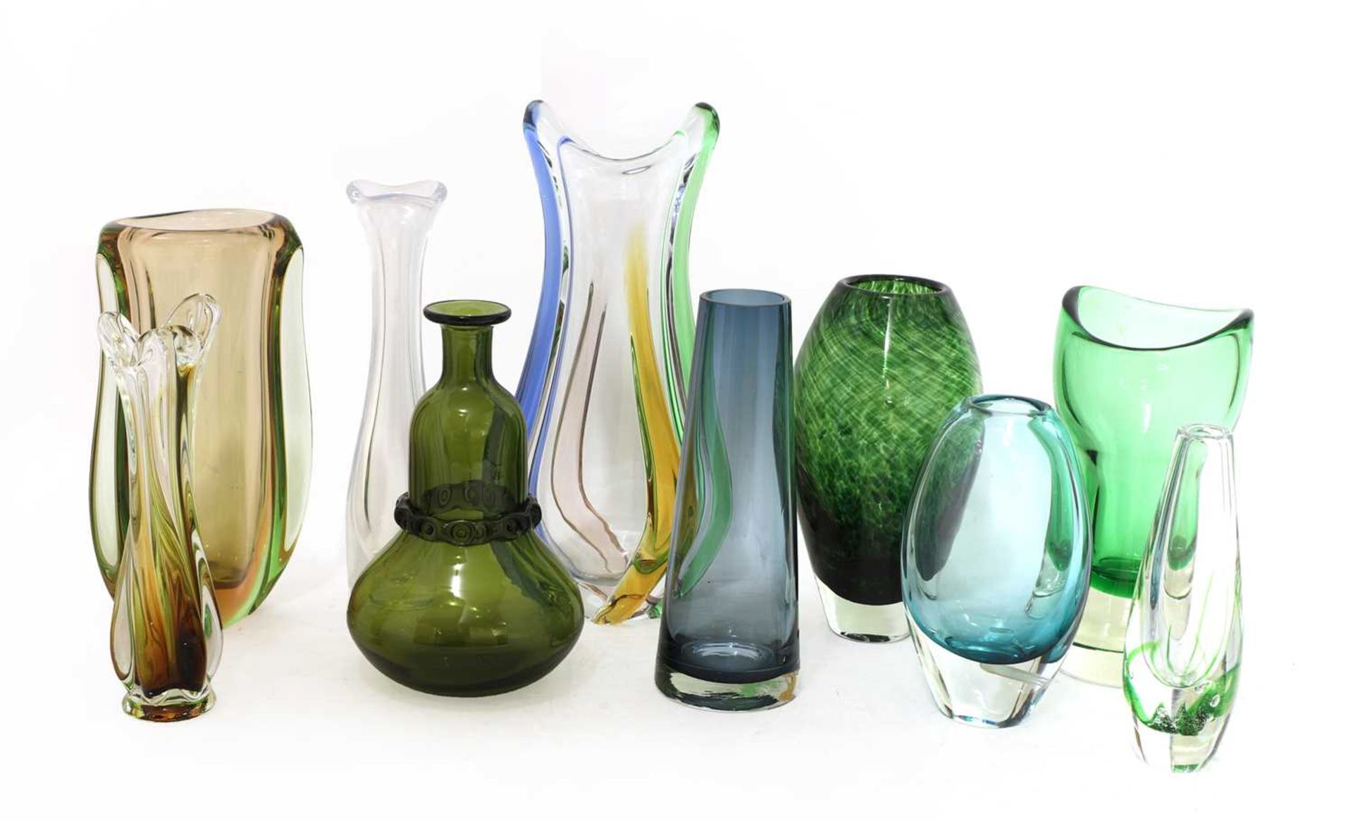 A collection of ten Scandinavian and Murano glass vases,