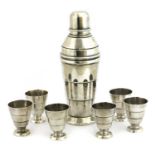An Art Deco silver-plated cocktail shaker and six beakers,