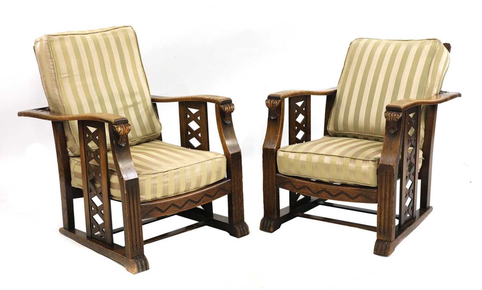 A pair of Art Deco oak reclining armchairs, - Image 2 of 4