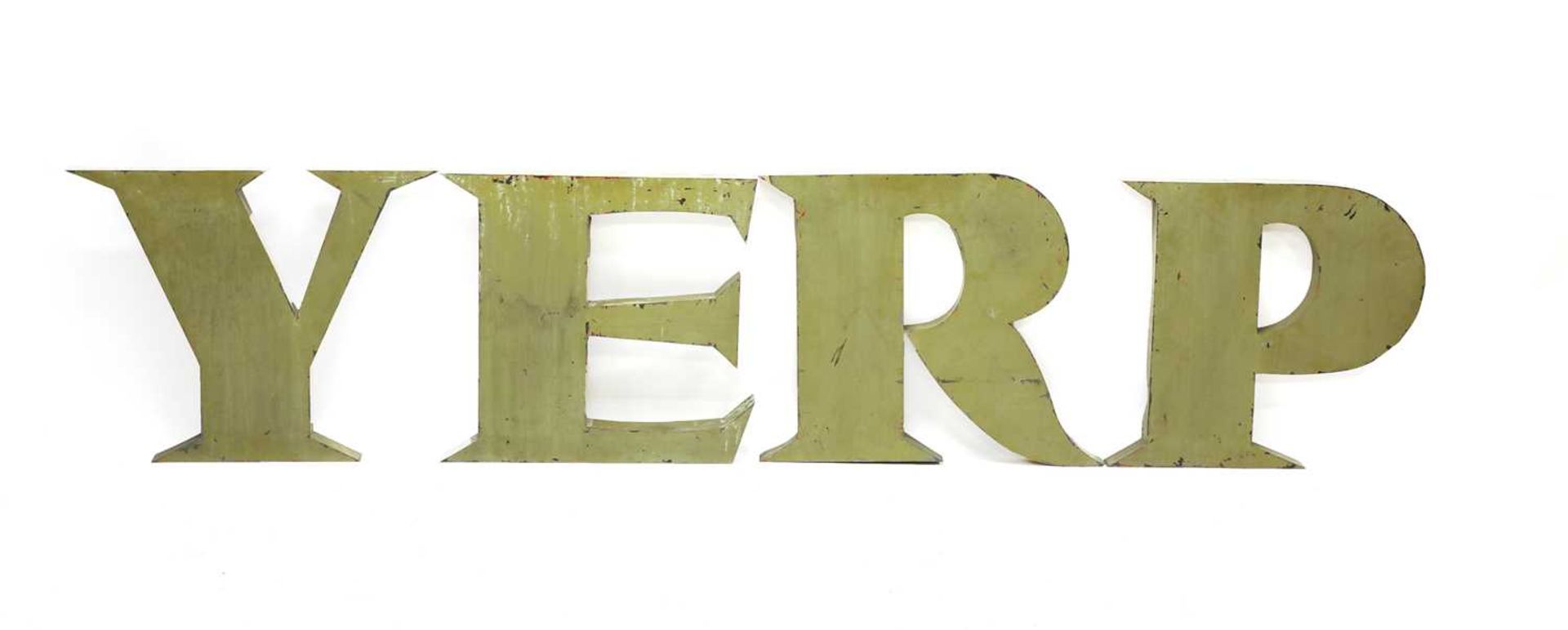 Four painted tin green letters,