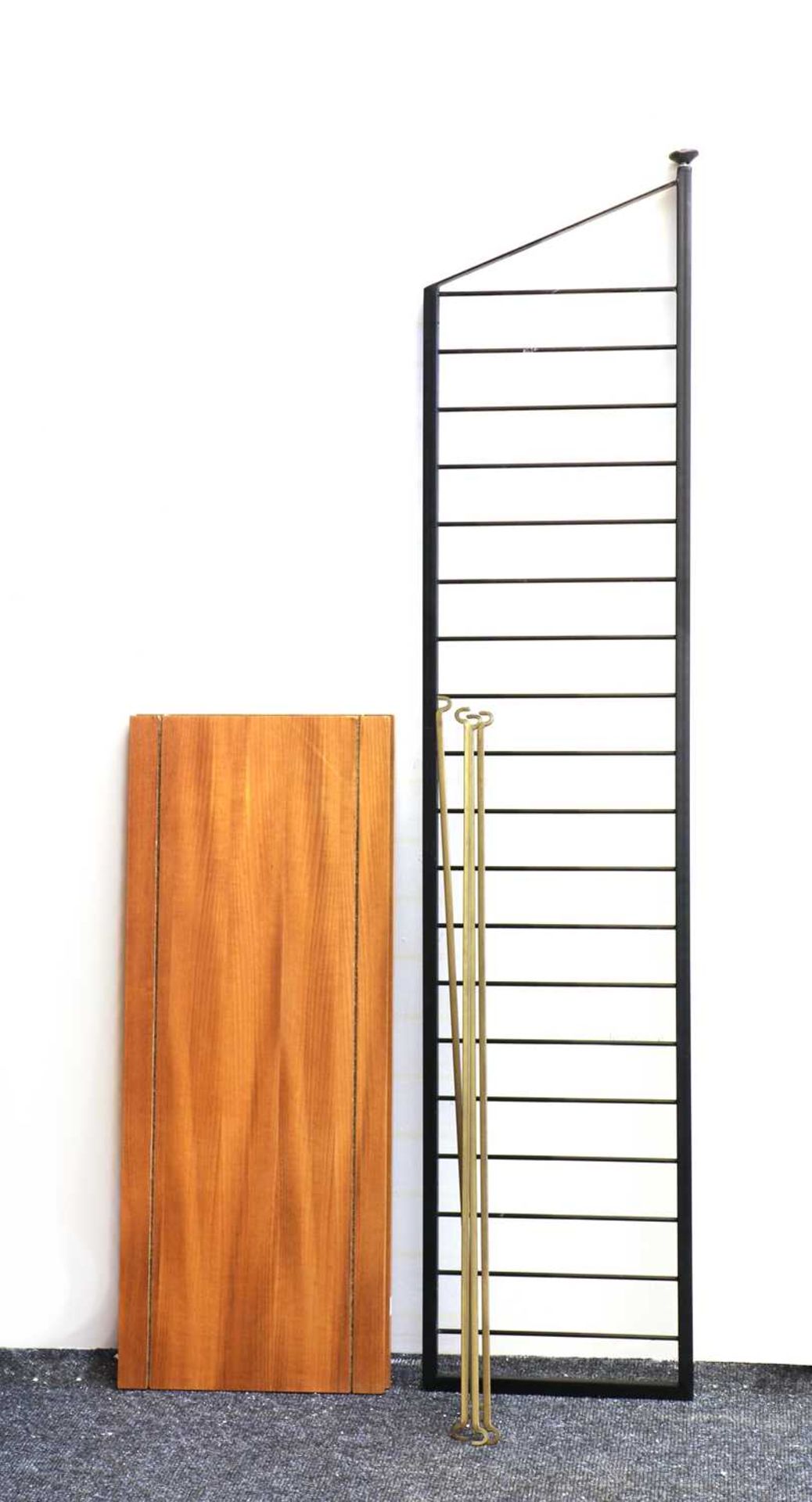 A Staples' teak and satin black metal Ladderax three-section wall unit, - Image 3 of 5